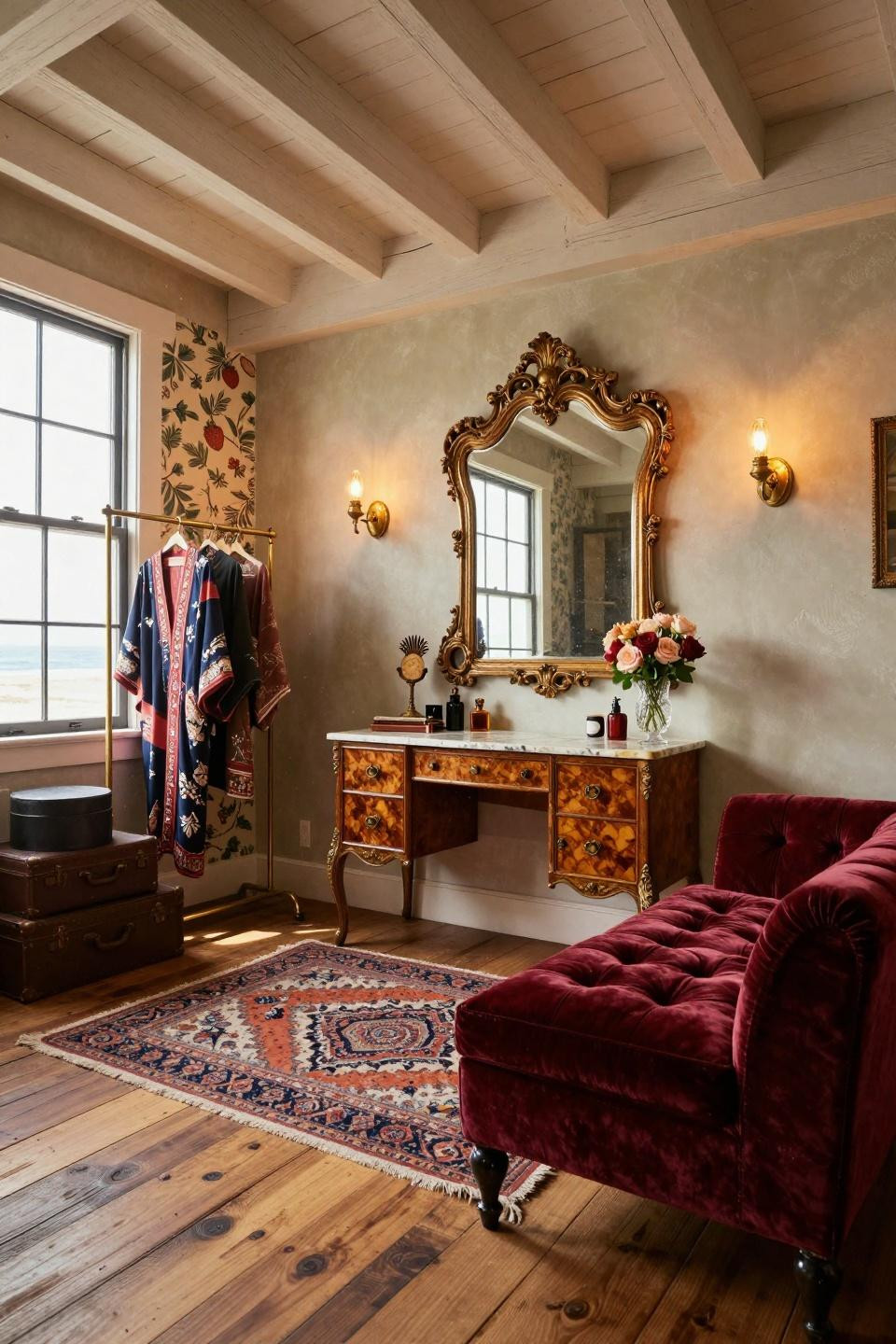 Boho Dressing Room with William Morris wallpaper and antique Persian runner