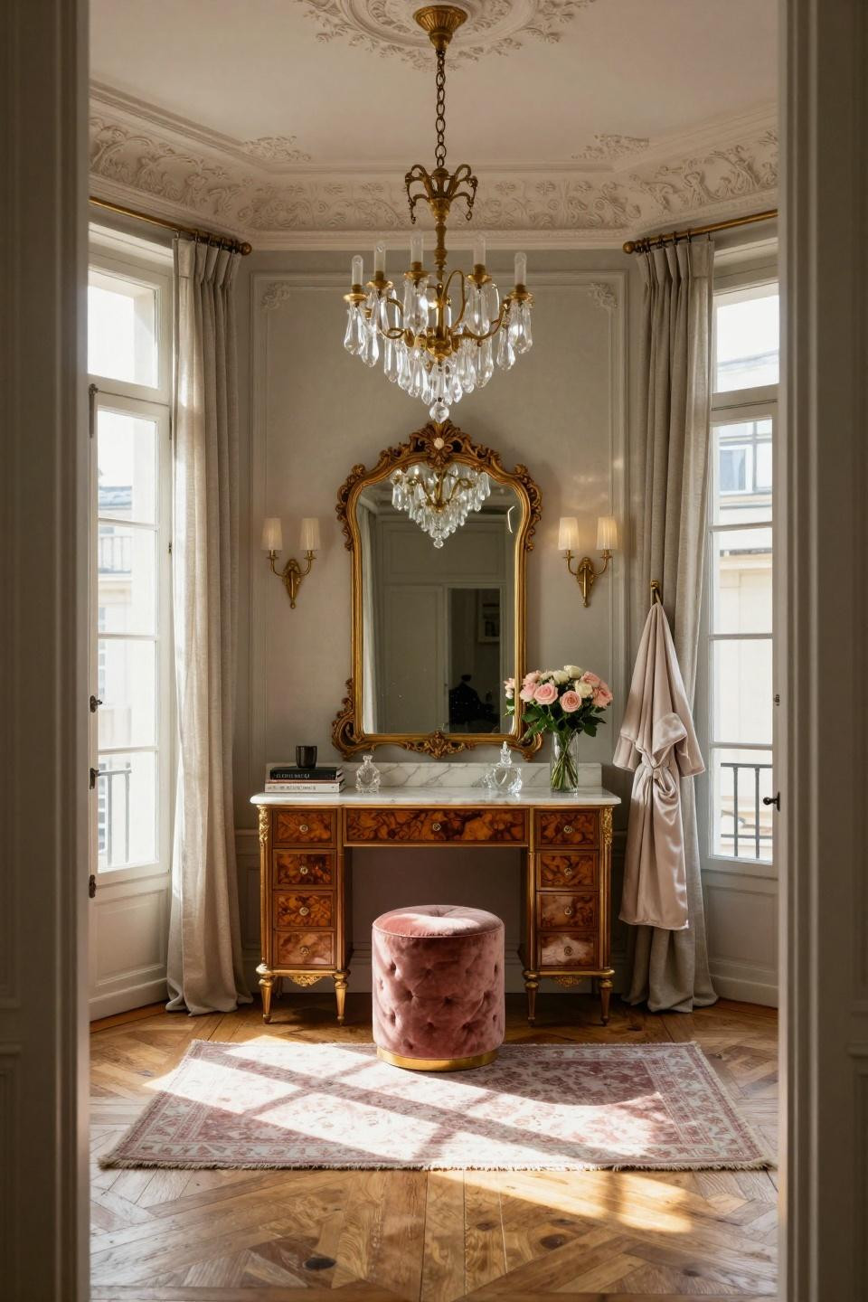 Boho Dressing Room with Calacatta Gold marble and walnut burl millwork