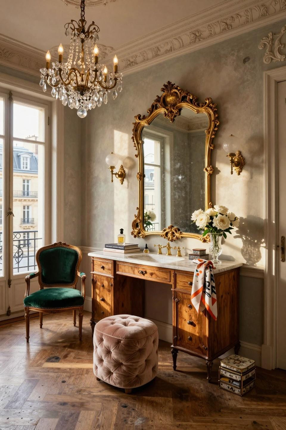 Boho Dressing Room with cerused oak vanity and Farrow & Ball lime wash