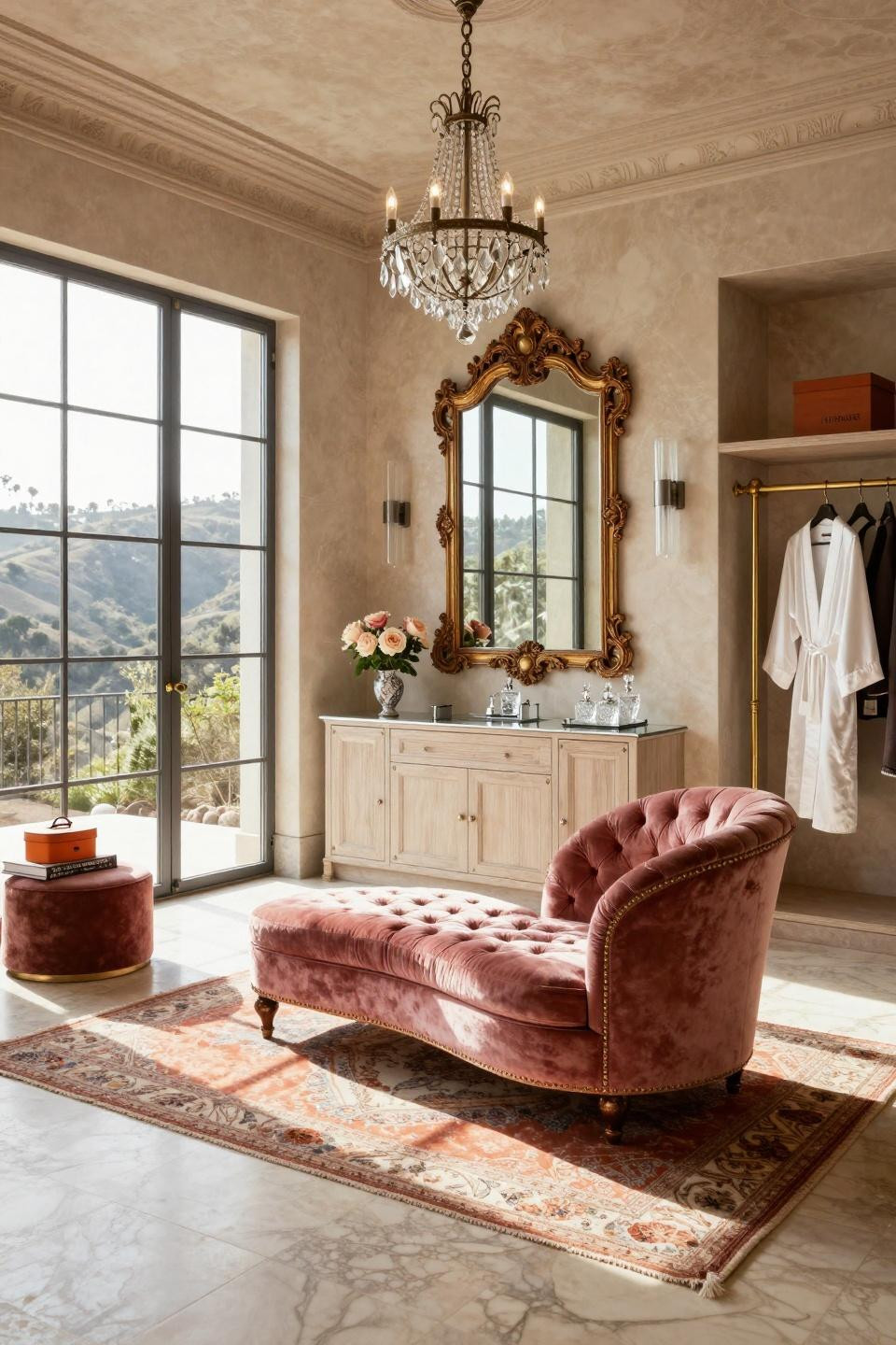Boho Dressing Room with cerused oak millwork and Carrara marble surfaces
