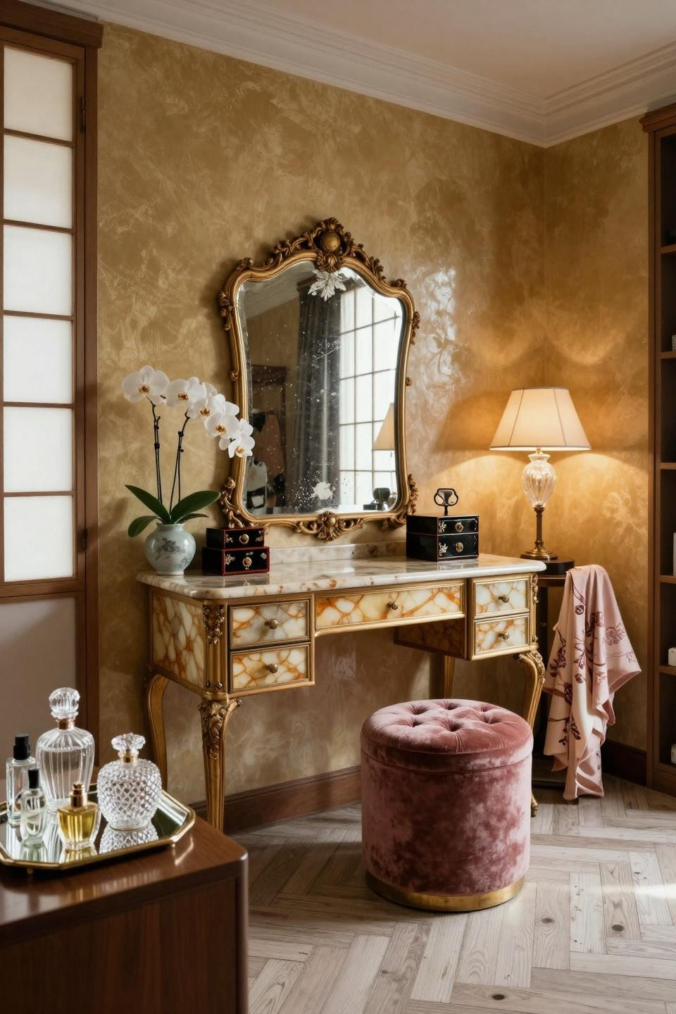 Boho Dressing Room with shoji-inspired windows and onyx countertop