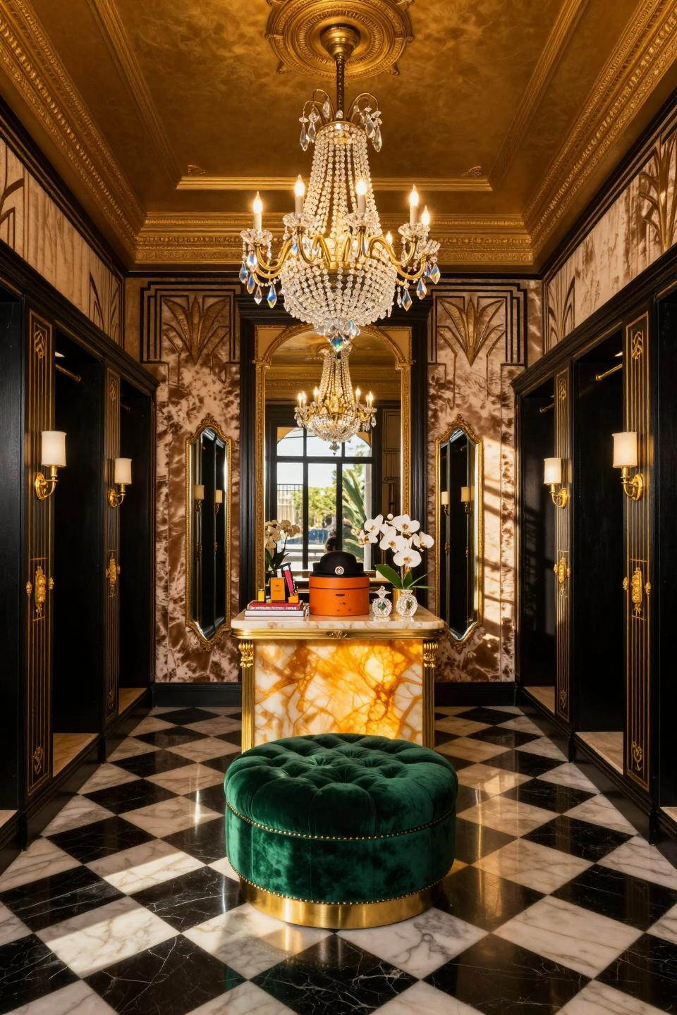 Boho Dressing Room with backlit onyx island and emerald velvet ottoman