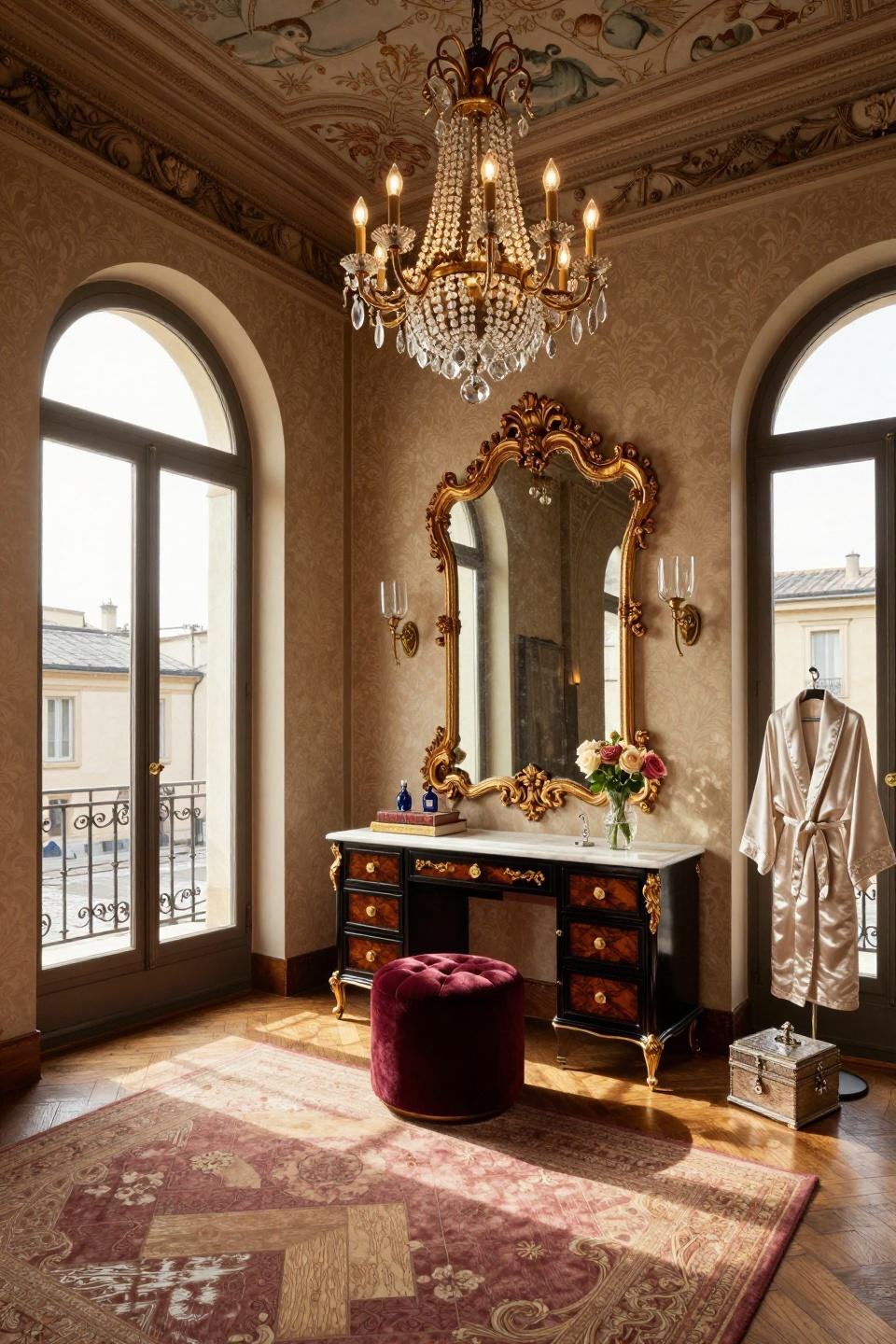 Boho Dressing Room with 14th-century frescoed ceilings and walnut burl millwork