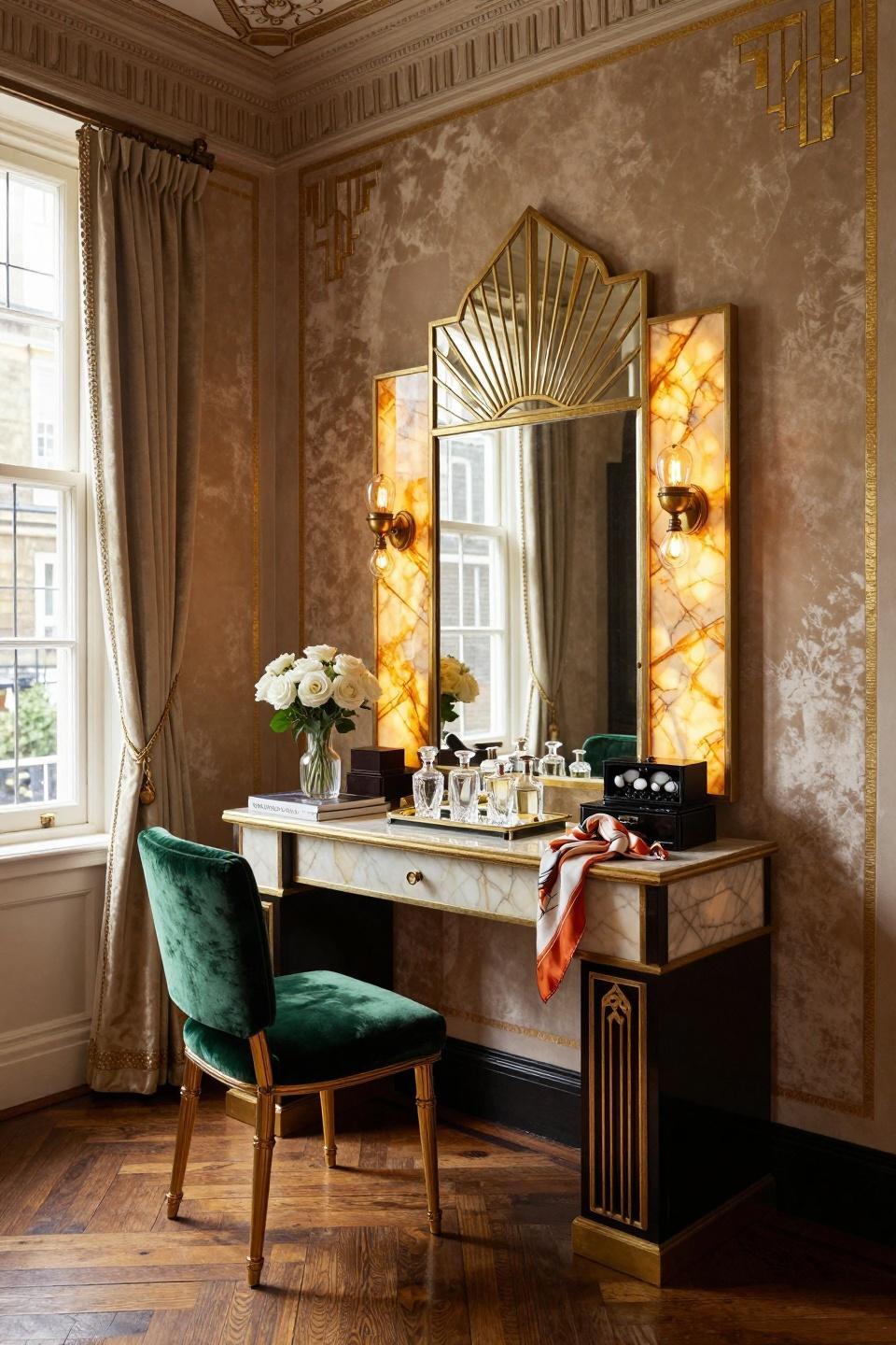 Boho Dressing Room with 1920s Hollywood vanity and 24k gold leaf trim