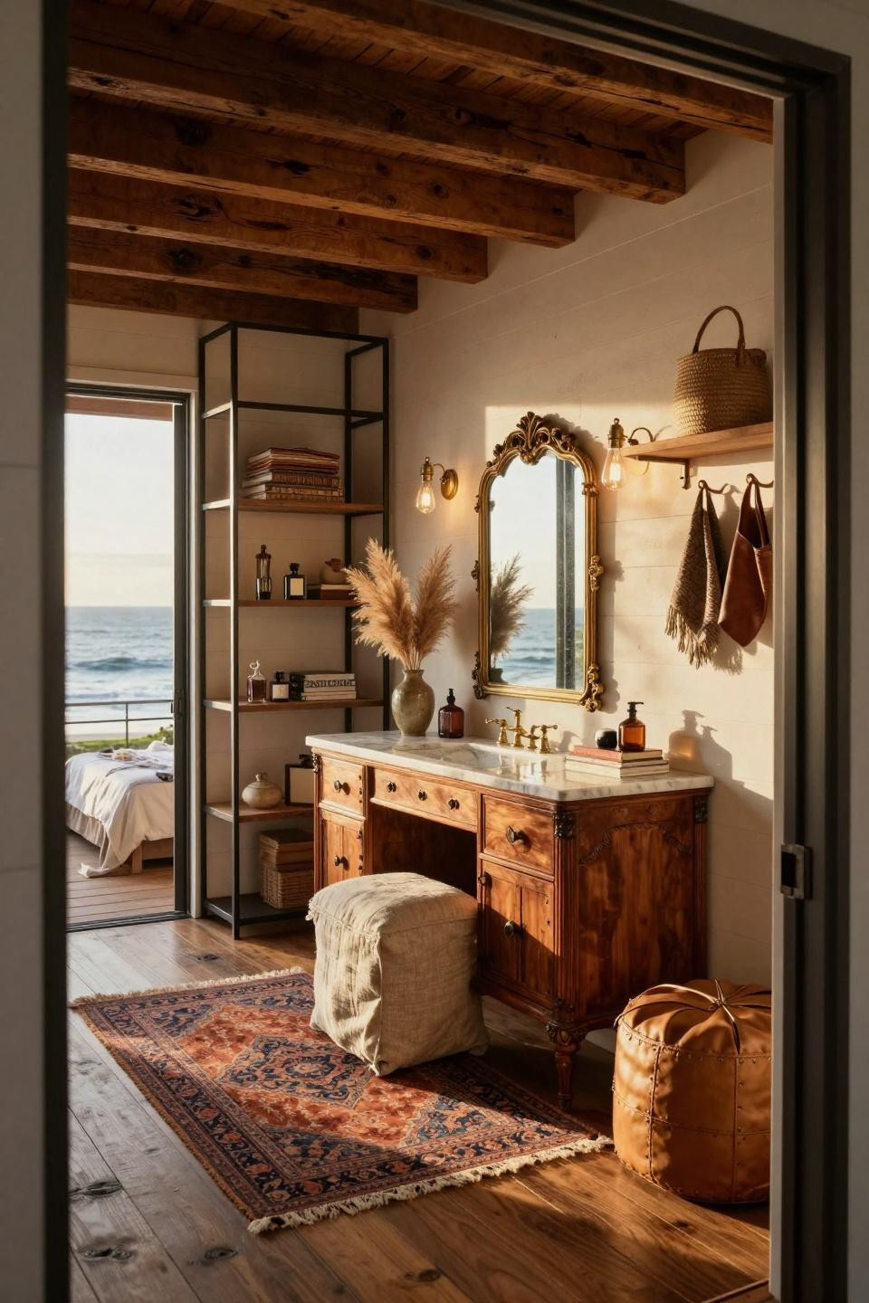 Boho Dressing Room with steel-framed glass and reclaimed Douglas fir beams