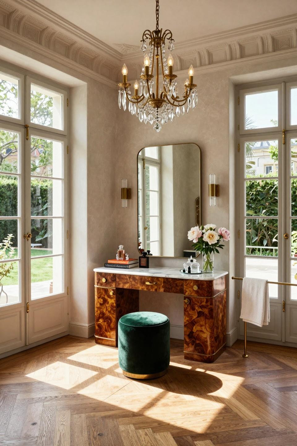 Boho Dressing Room with Art Deco geometric moldings and walnut burl vanity