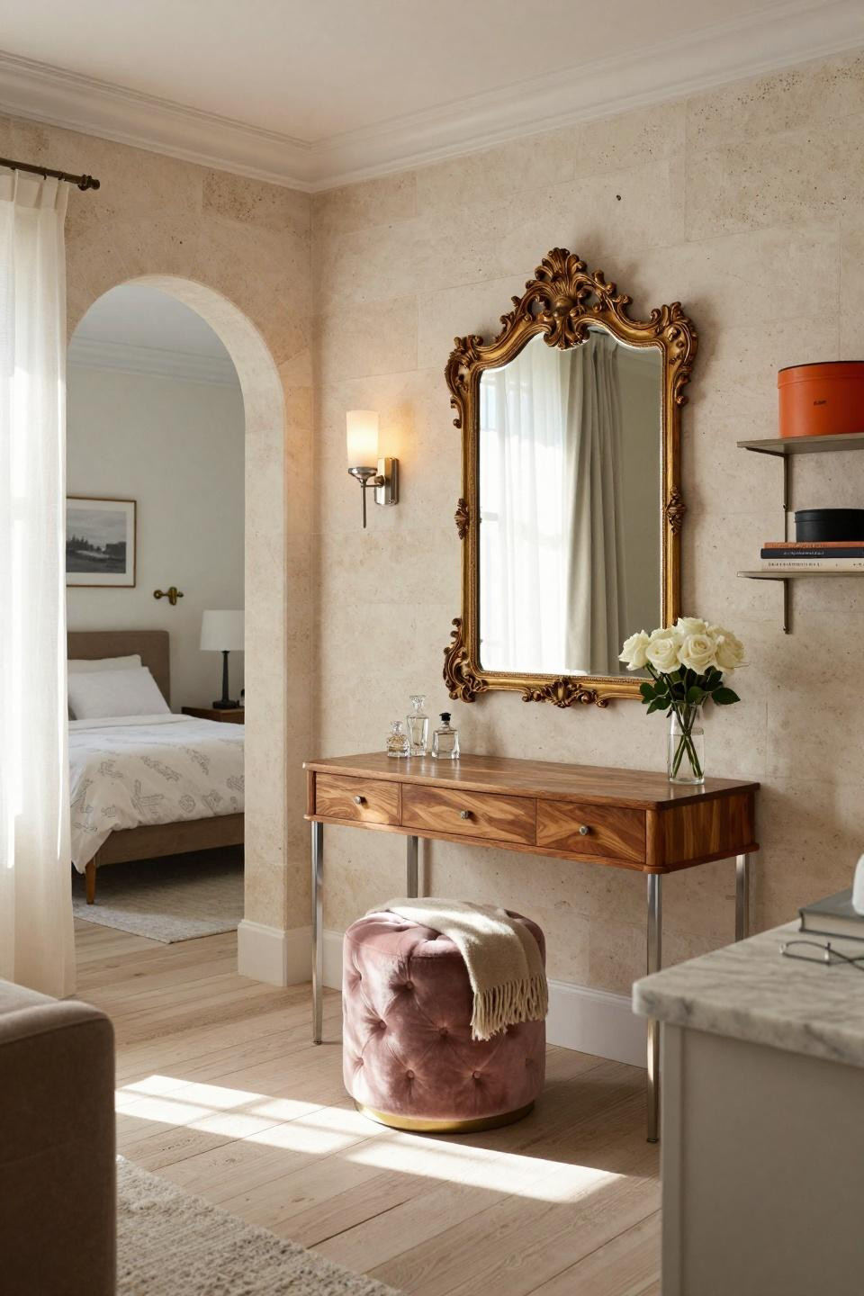 Classic Dressing Room with Rococo gilt mirror and Belgian linen upholstery