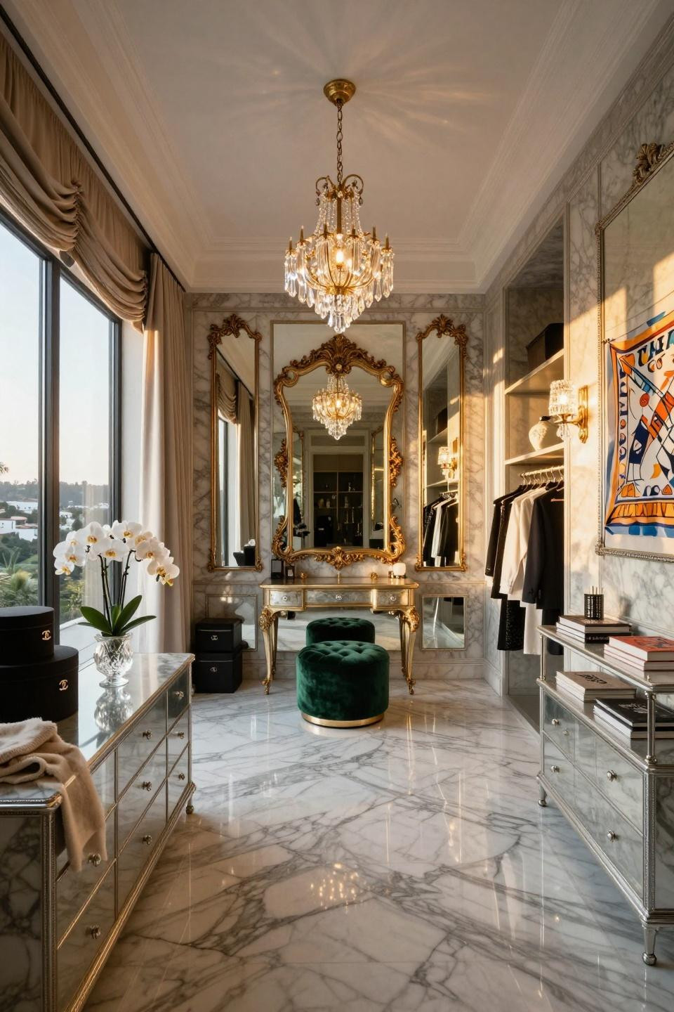 Dressing Room Interior Design with platinum hardware and Calacatta Borghini marble