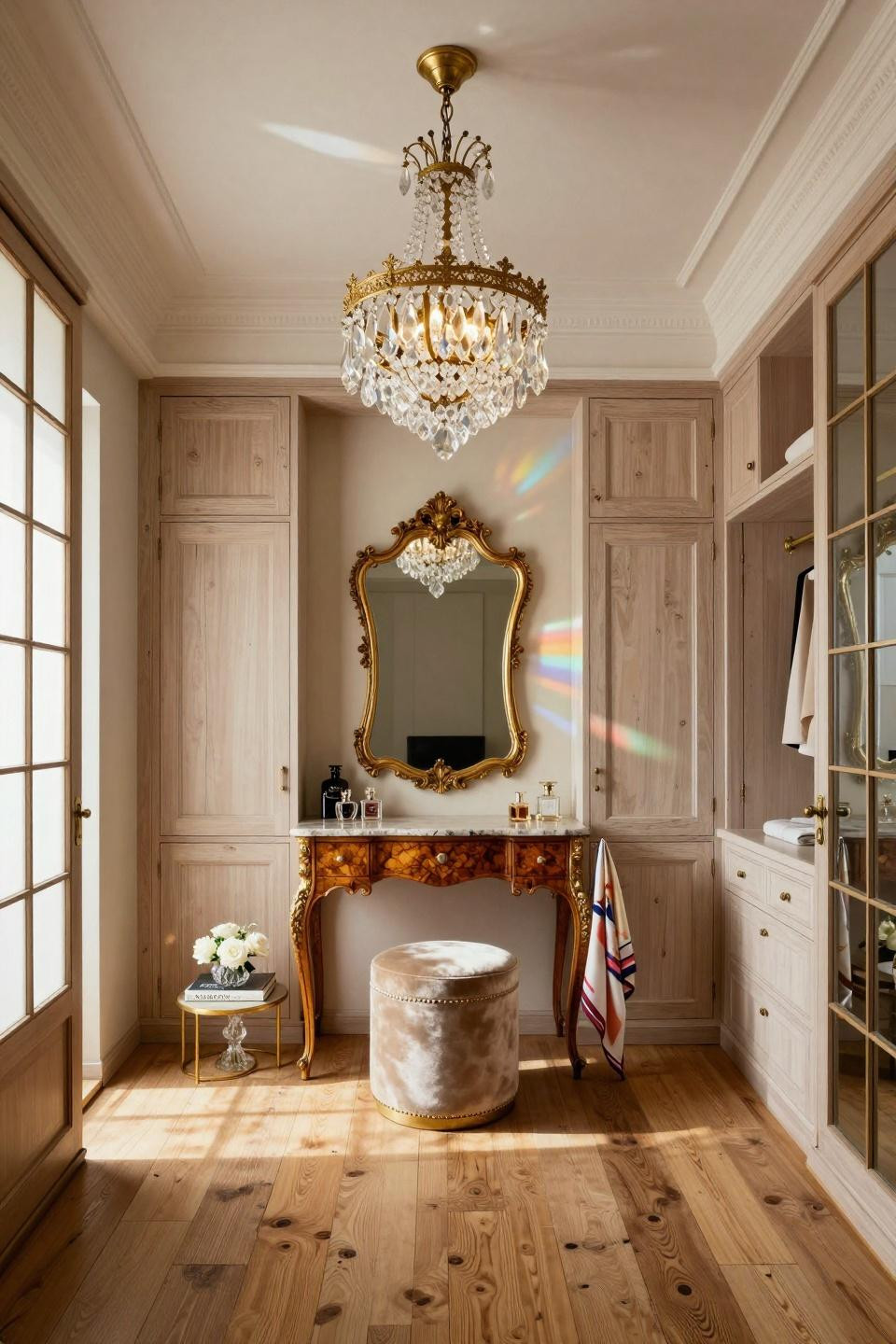 Vintage Walk In Closet with French vanity and Japanese architectural details