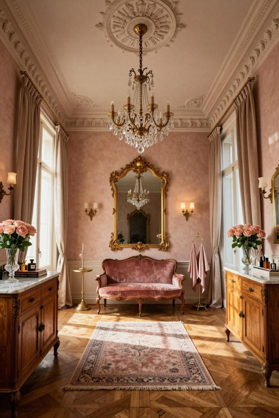 Chic Dressing Room with ornate Louis XVI mirror and Versailles parquet
