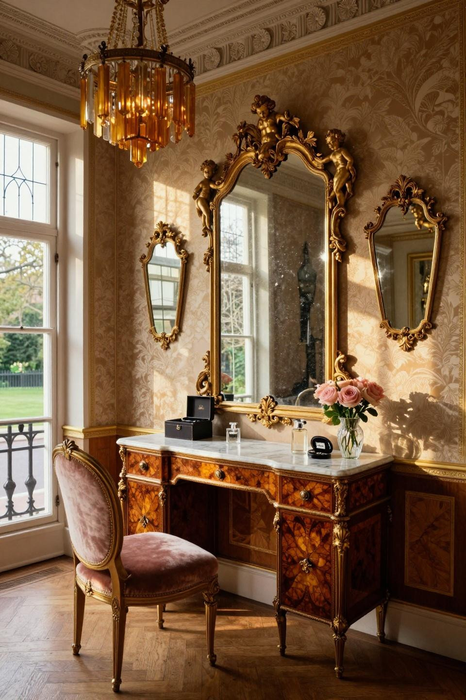 Dream Dressing Room with 18th-century French vanity and Baccarat chandelier