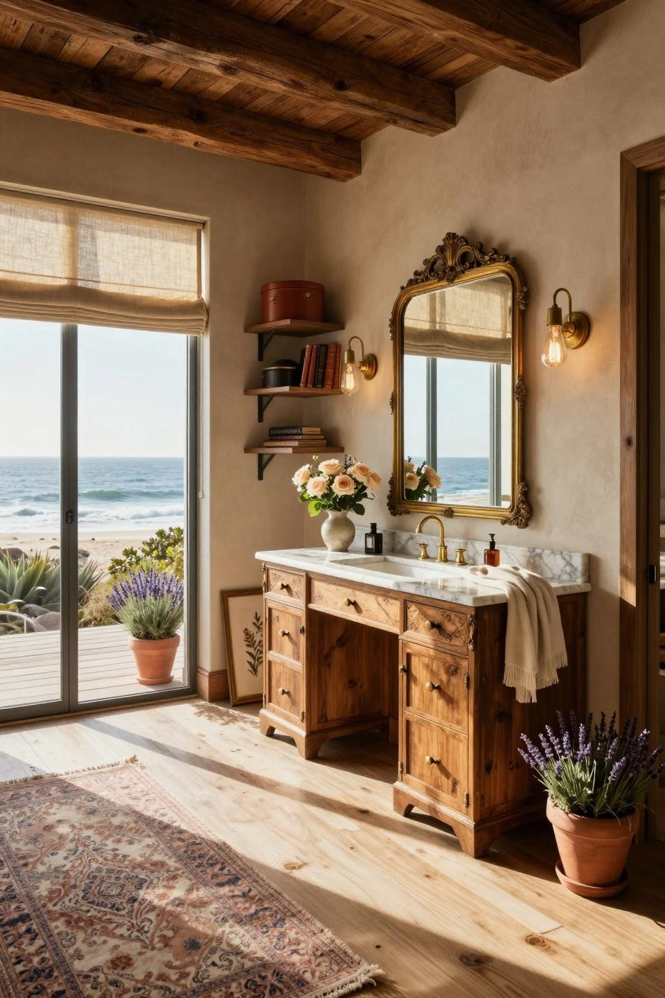 Vintage Vanity Aesthetic featuring Calacatta Gold marble and reclaimed oak