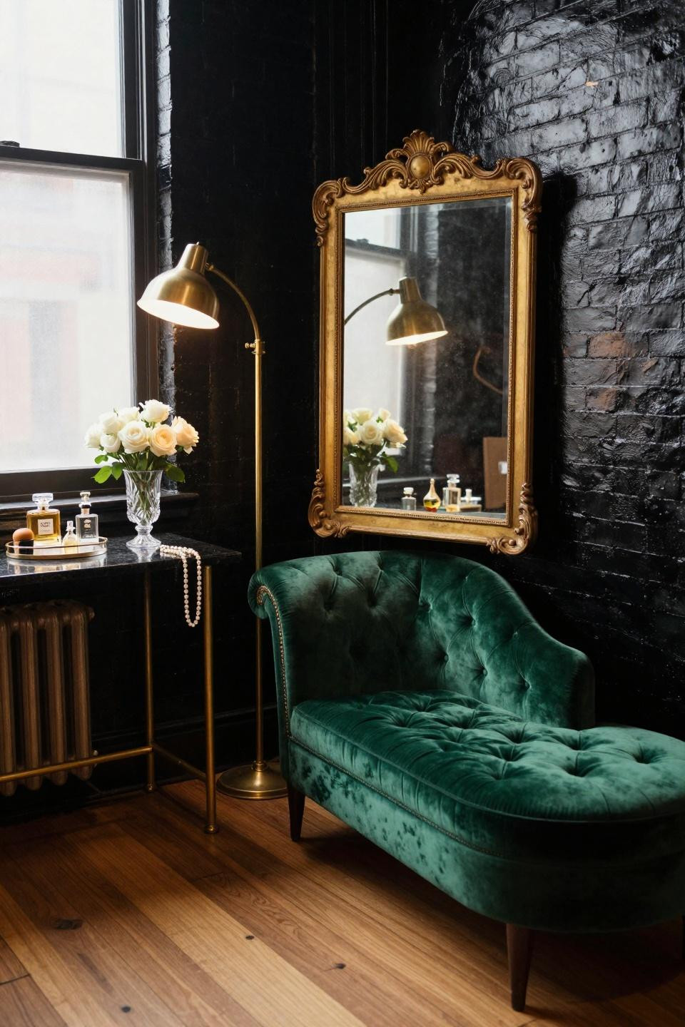 Dressing Room Aesthetic with high-gloss black lacquer and vintage mirror