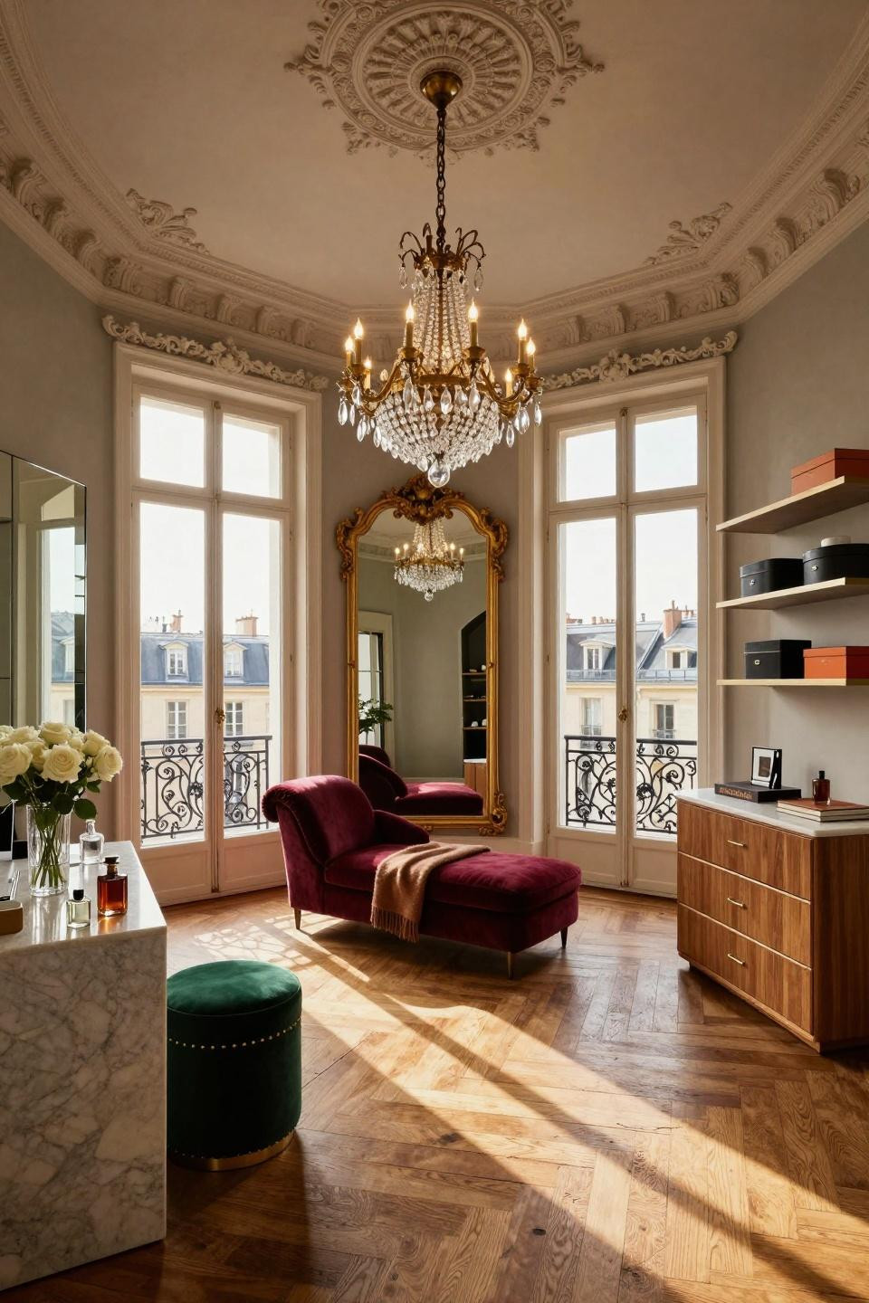 Boho Dressing Room with antique gilt mirror and French parquet flooring