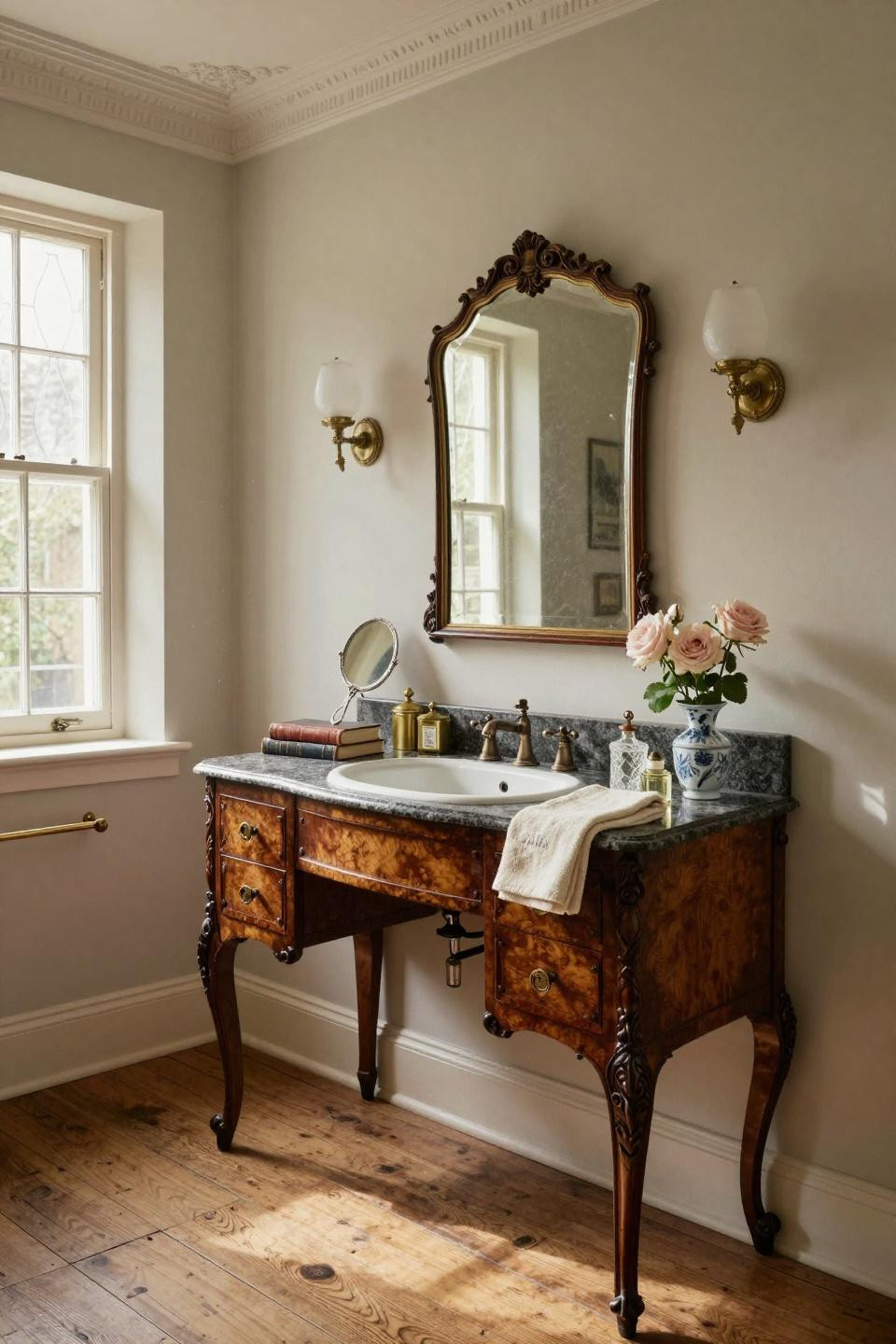 Retro vanity in Victorian hand-carved mahogany with ornate cabriole legs and granite