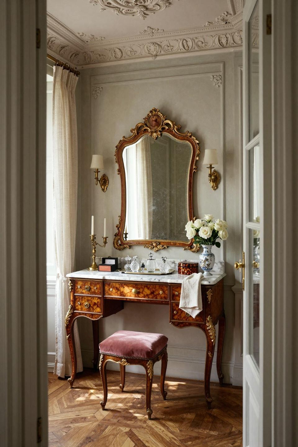 Dresser vanity in Louis XVI walnut burl with ormolu mounts and mercury glass mirror
