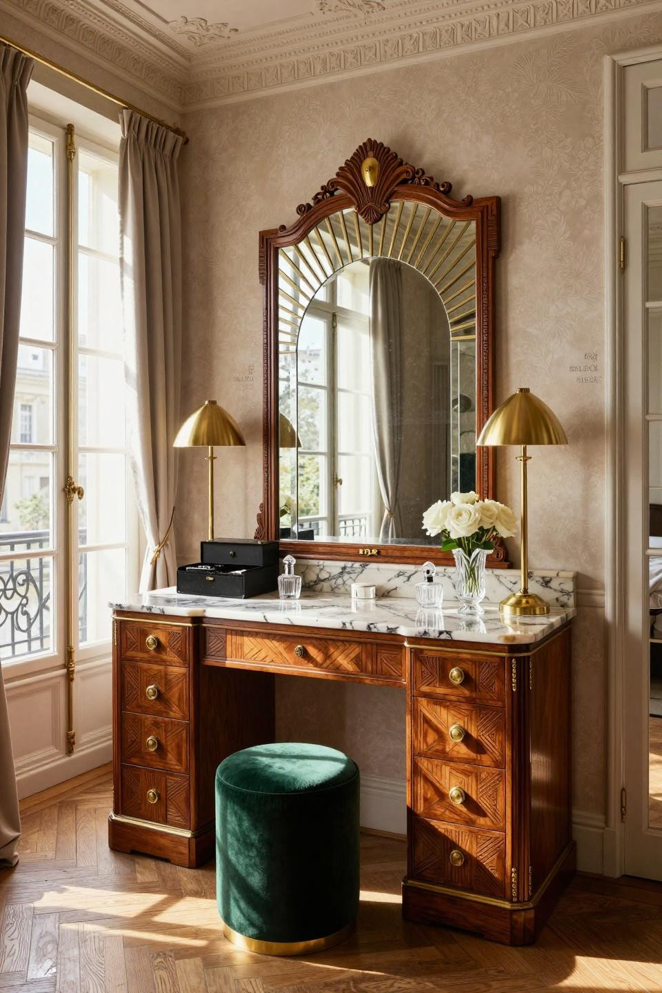 Vanity ideas bedroom vintage featuring 1920s Art Deco mirror with walnut and onyx
