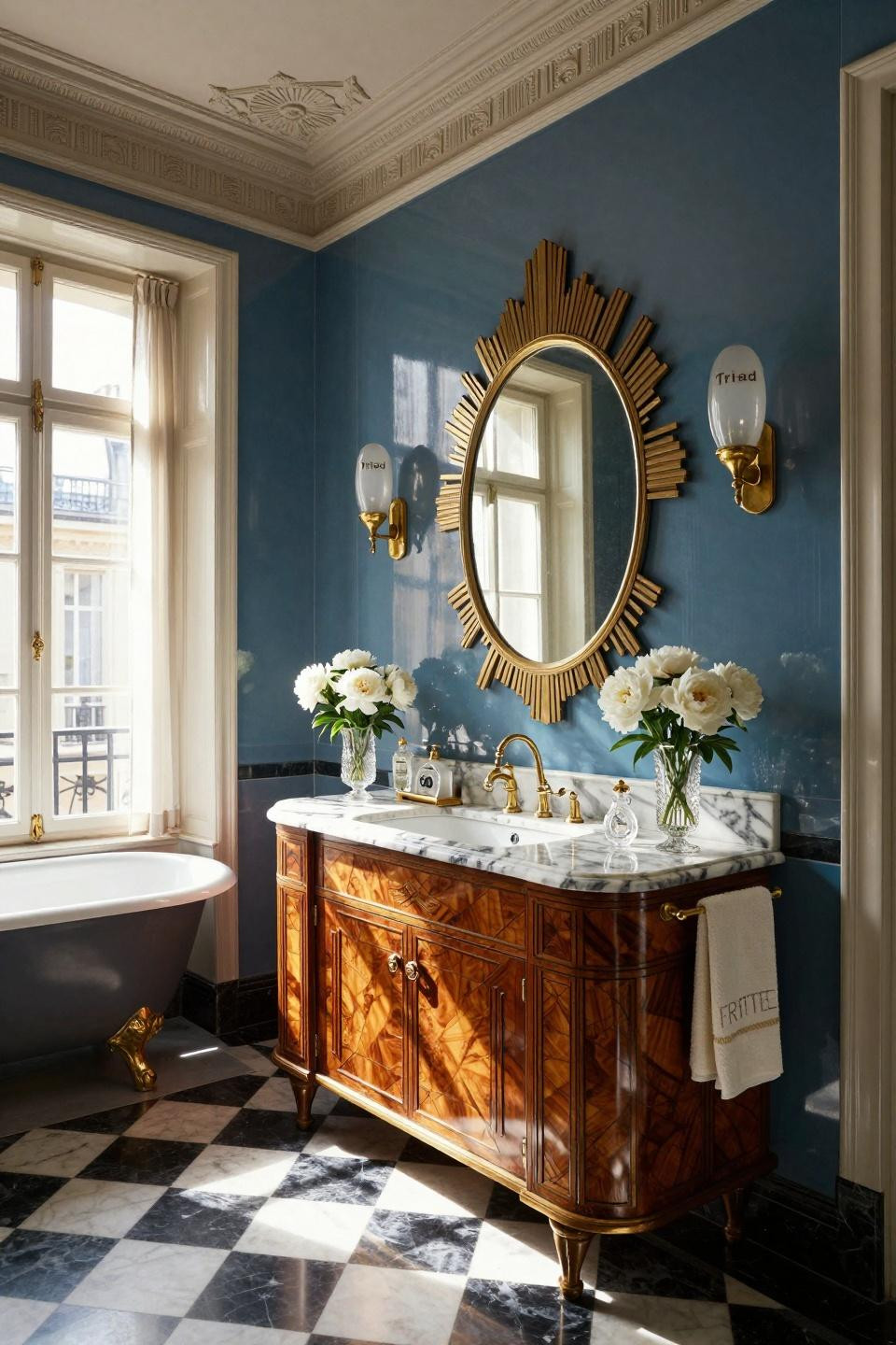 Vintage vanity makeover showcasing 1920s walnut burl with Art Deco geometric inlay