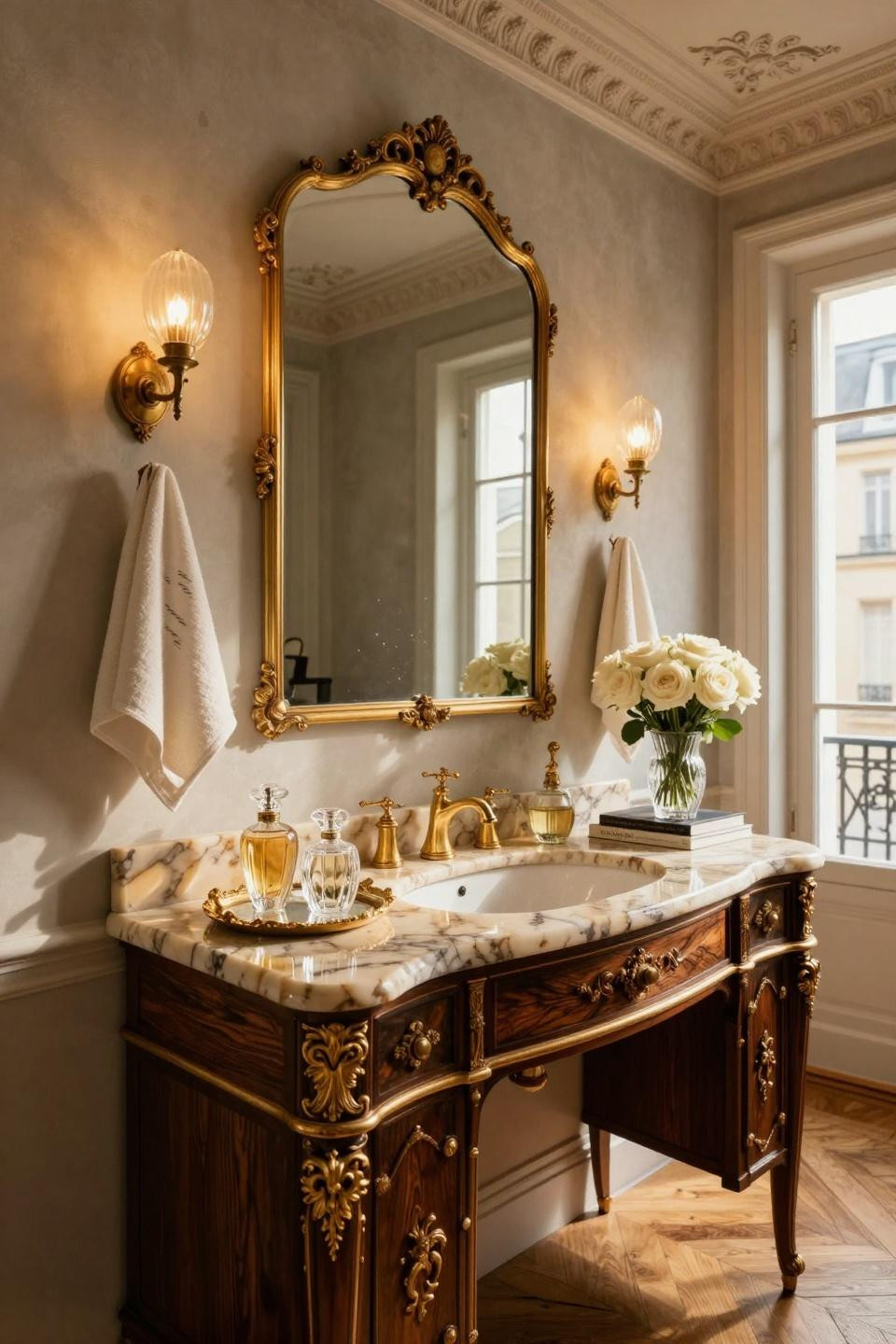 Vintage vanity decor featuring Louis XVI-inspired ebony with 24k gold leaf detailing