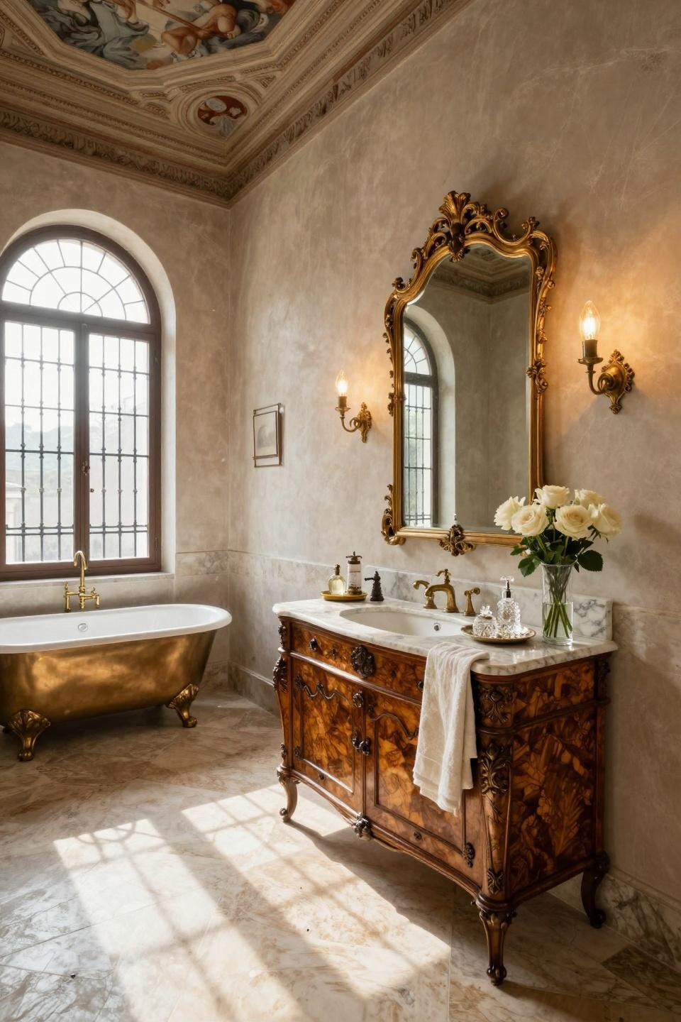 Victorian vanity in walnut burl with ornate hand-carved details and travertine marble
