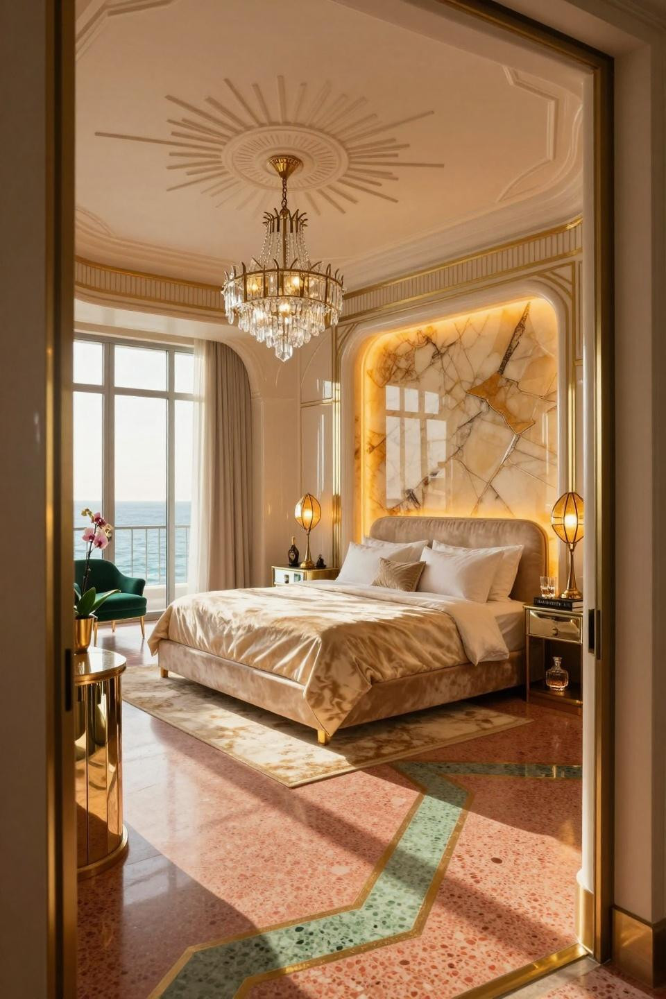 Bedroom design inspiration featuring floor-to-ceiling backlit honey onyx headboard in Miami South Beach penthouse