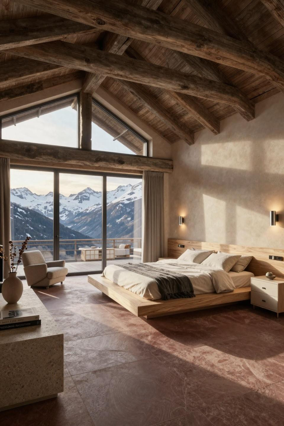 Bedroom design inspiration featuring sculptural cerused white oak platform in Swiss Alpine chalet