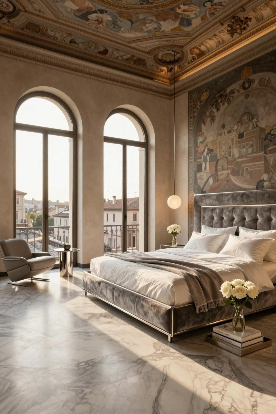 Royal luxury bedroom design featuring Poliform platinum-finished bed in Milan Centro Storico palazzo