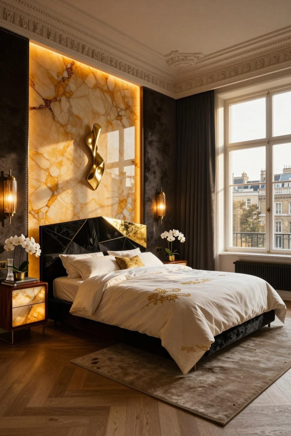 Creative bedroom designs featuring Minotti ebony bed with 24k gold leaf inlay in London penthouse