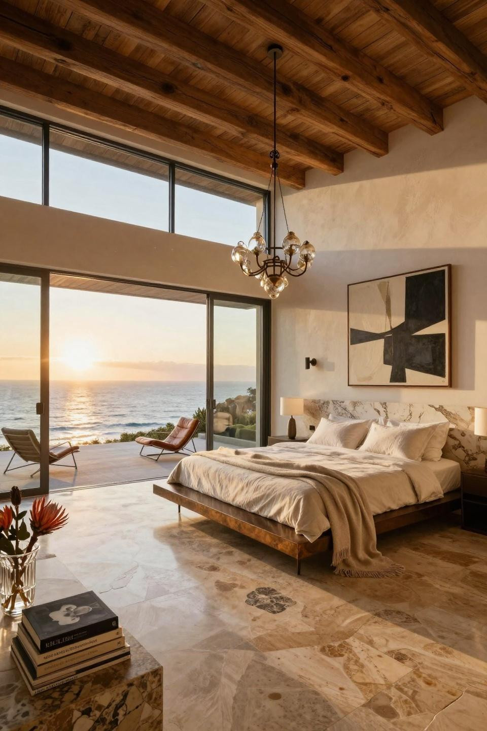 Stylish bedroom design interiors featuring book-matched travertine bed in Malibu beach house