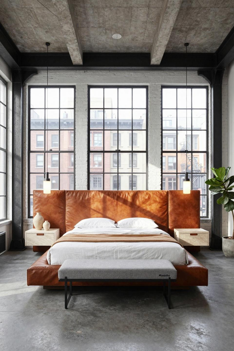 Awesome bedrooms featuring wall-to-wall leather headboard in NYC Tribeca industrial loft