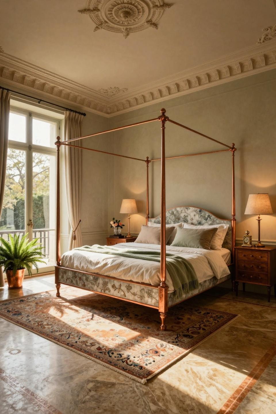 Cool bedroom designs showcasing hand-carved copper canopy bed in Paris 16th arrondissement
