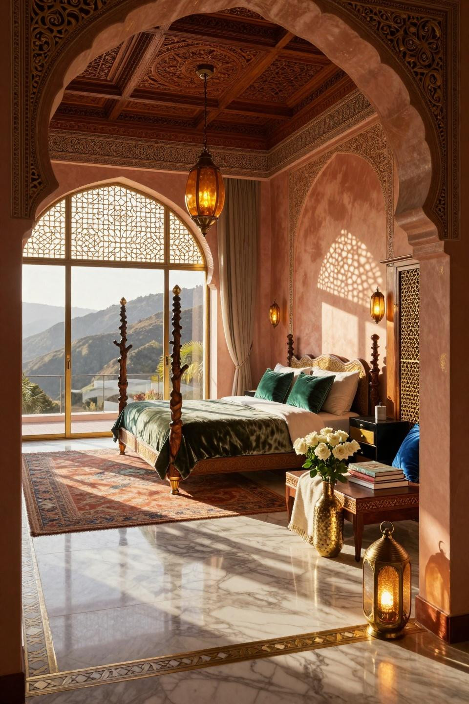 Latest bedroom designs featuring Holly Hunt silk velvet canopy bed in Beverly Hills estate