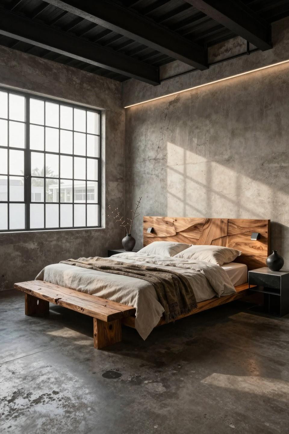 Luxury bedroom master featuring hand-carved Douglas fir bed in Miami South Beach loft