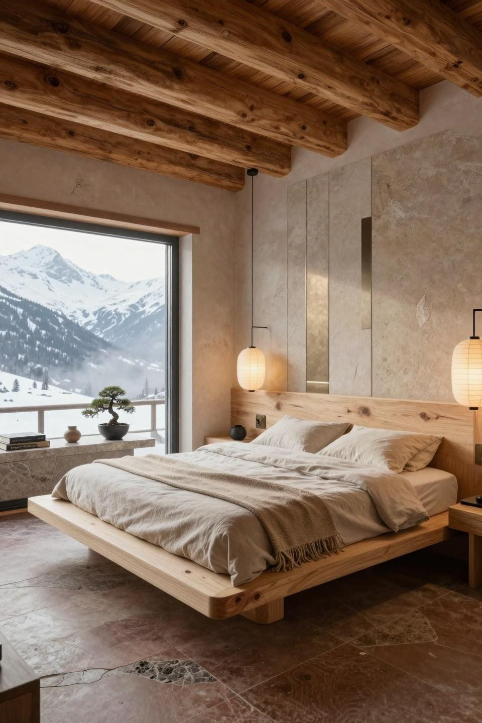Bedroom design inspiration featuring cerused white oak cantilevered bed in Swiss Alpine chalet