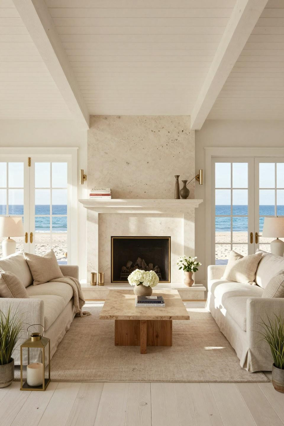 Nancy Meyers Apartment featuring honed French limestone fireplace in Hamptons beach house