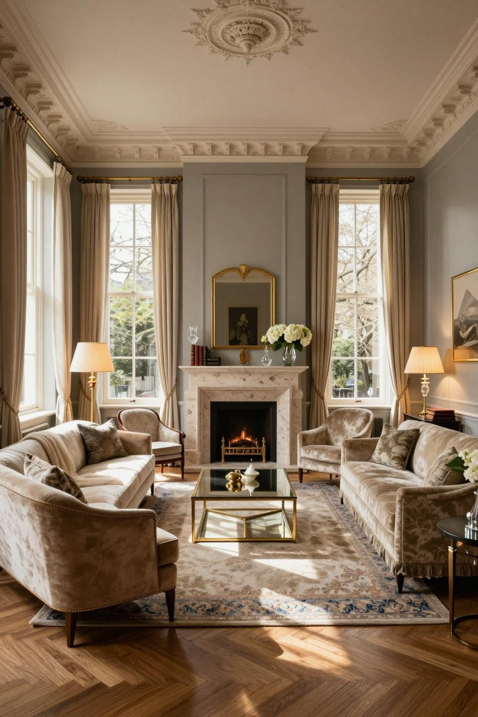 Nancy Meyers Apartment featuring French limestone fireplace in London Georgian townhouse