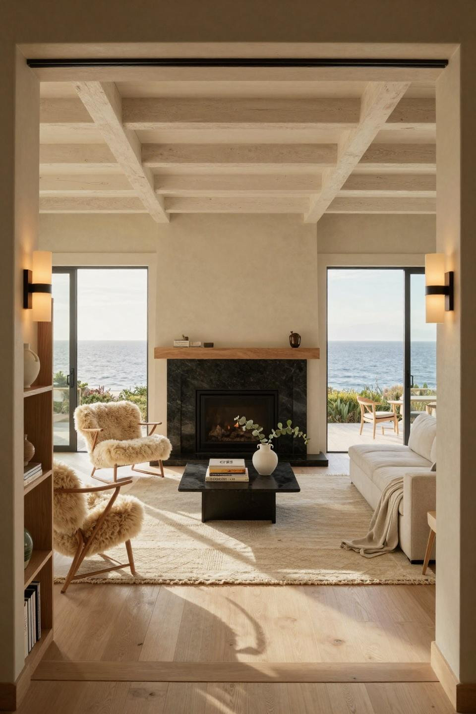 Nancy Meyers Apartment showcasing absolute black granite fireplace in Malibu beach house