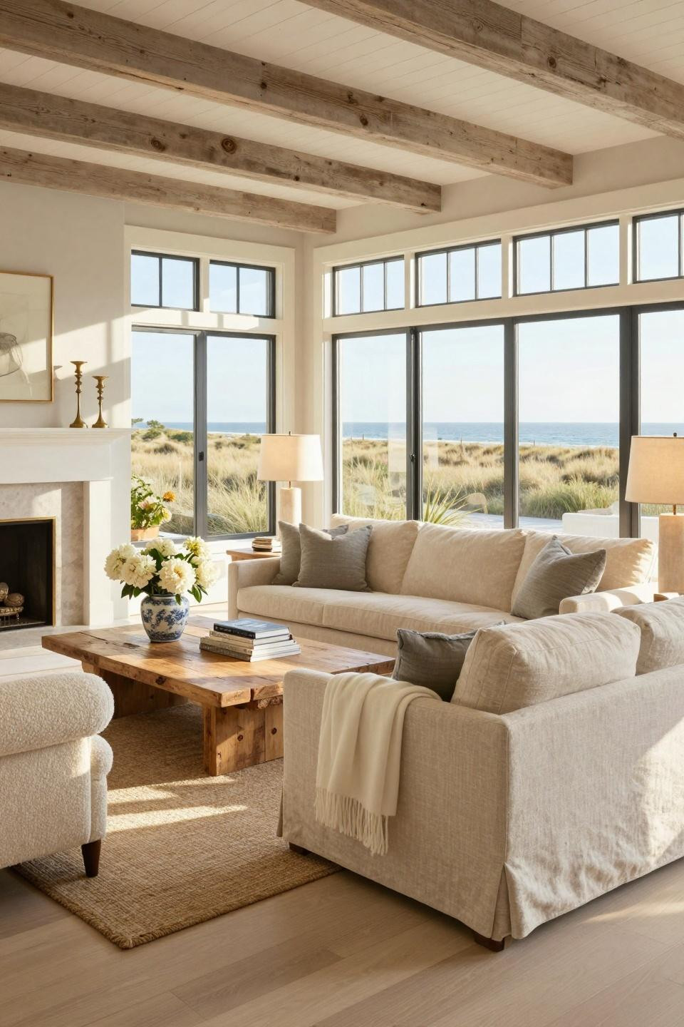 Nancy Meyers Apartment featuring oversized linen slipcovered sofa in Hamptons beach house