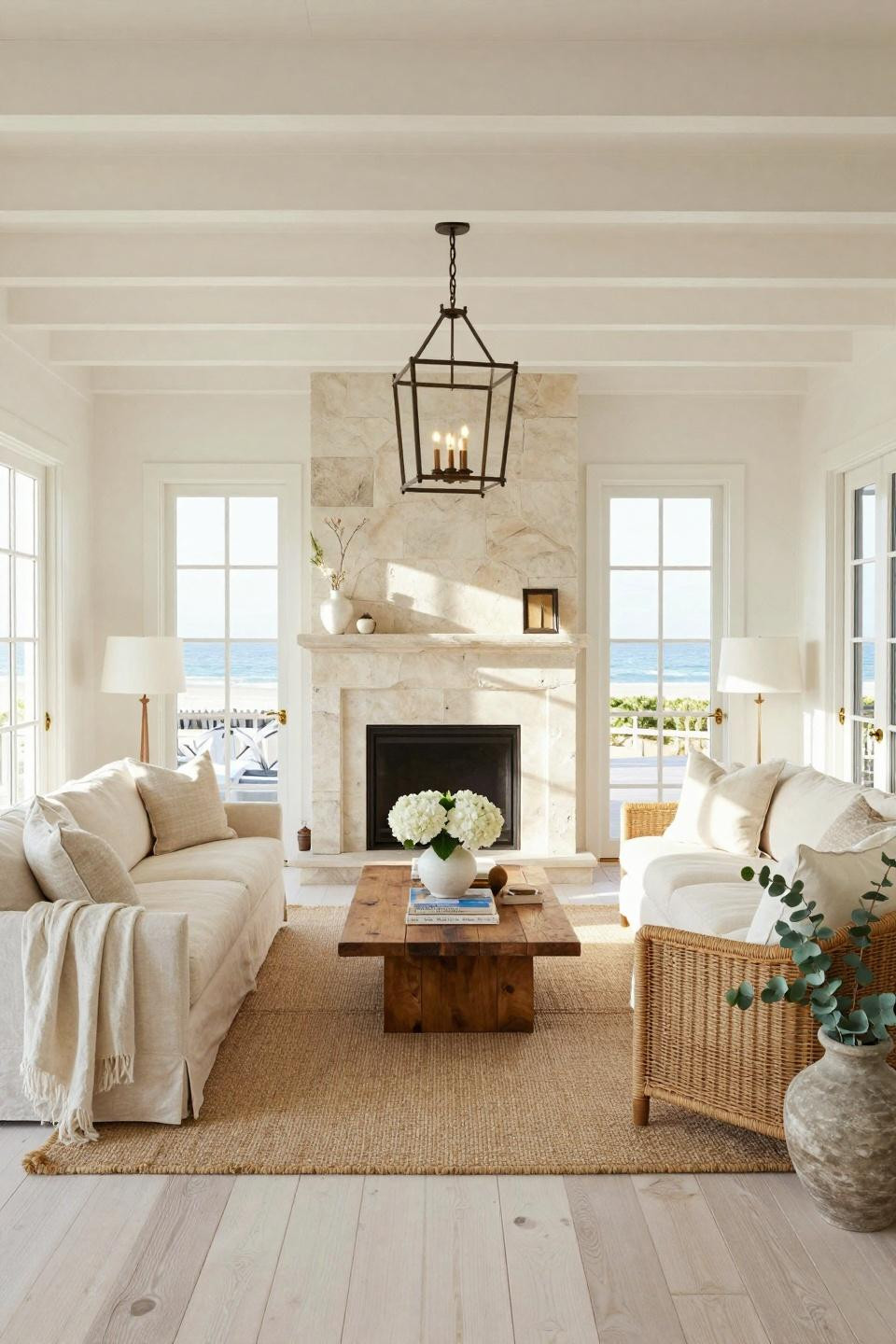 Nancy Meyers Apartment showcasing limestone fireplace with bronze mantel in Hamptons beach house