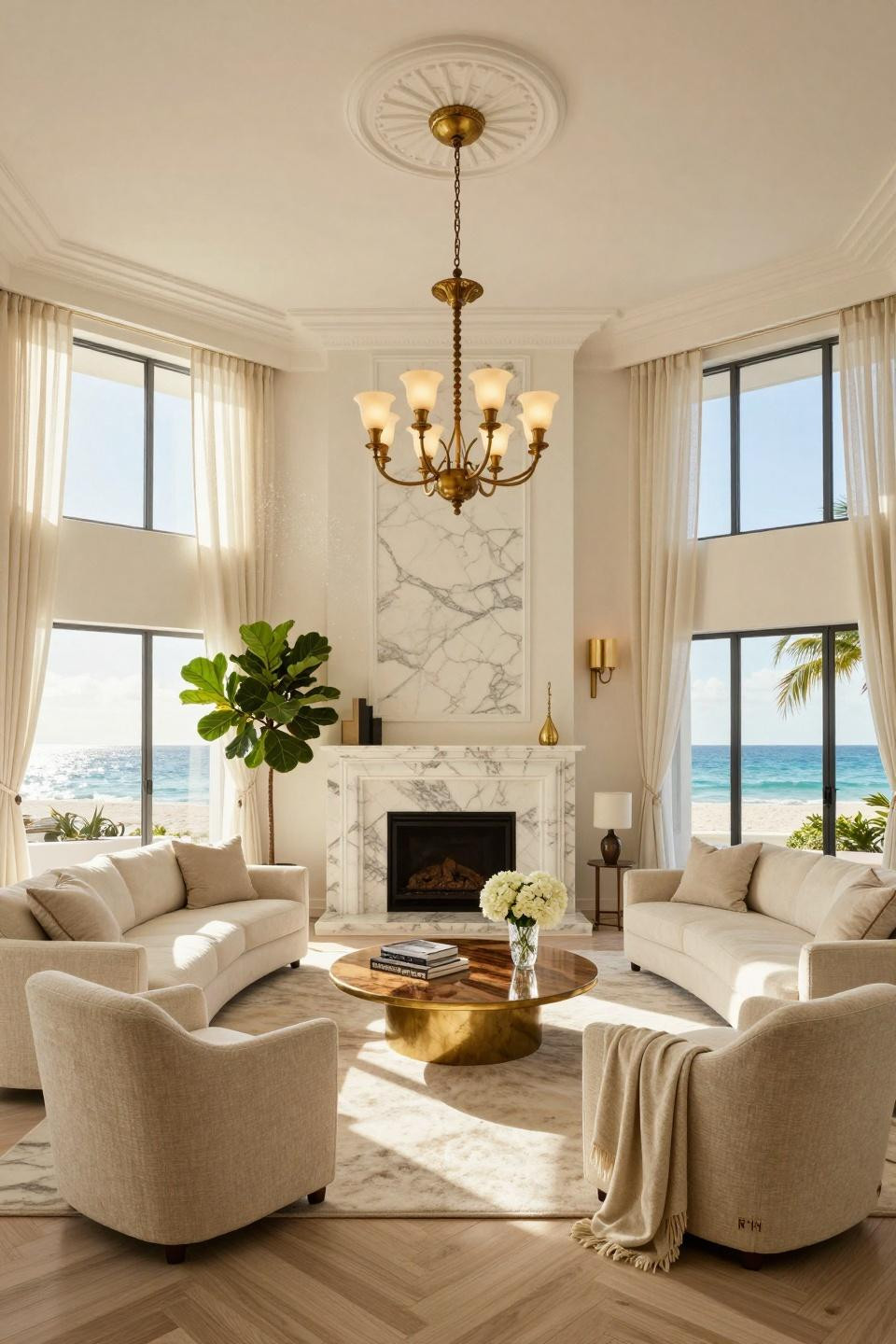 Nancy Meyers Apartment featuring Calacatta Gold marble fireplace in Miami South Beach
