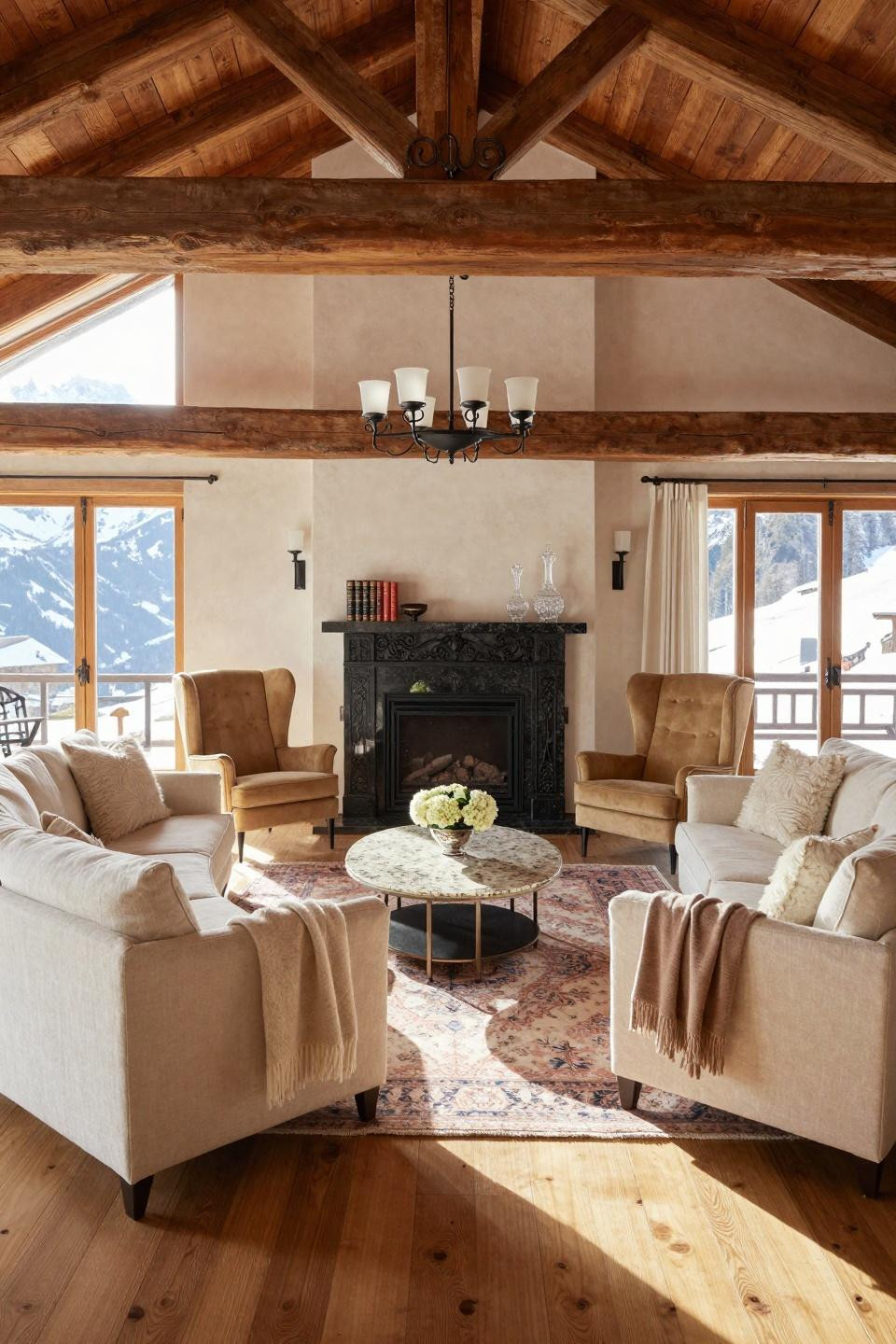 Nancy Meyers Apartment featuring Absolute Black granite fireplace in Swiss Alpine chalet