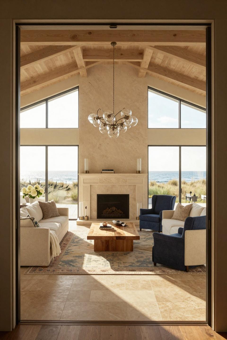 Nancy Meyers Apartment showcasing bespoke limestone fireplace in Hamptons beach house