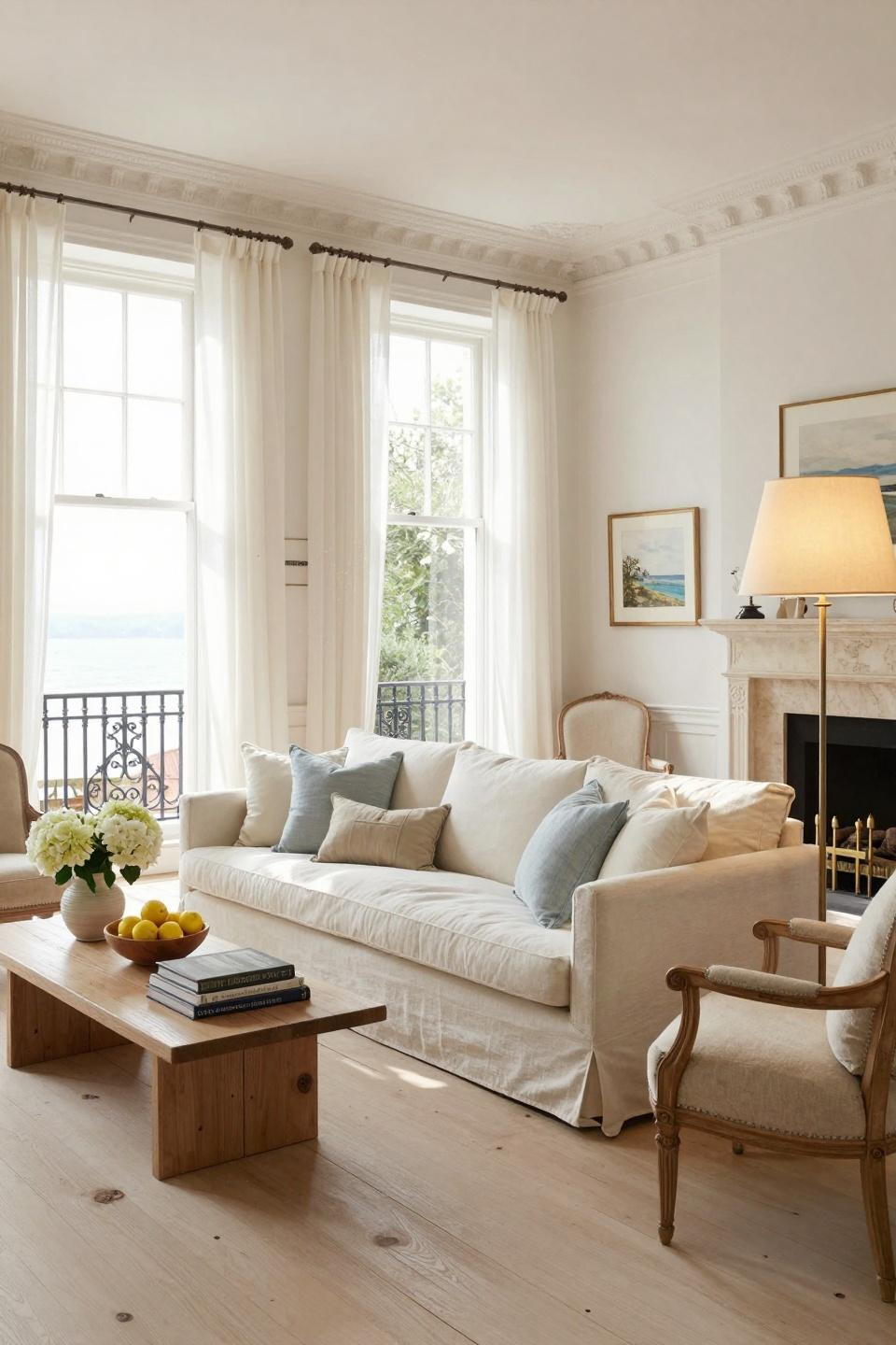 Nancy Meyers Apartment featuring oversized linen slipcovered sofa in London Kensington townhouse