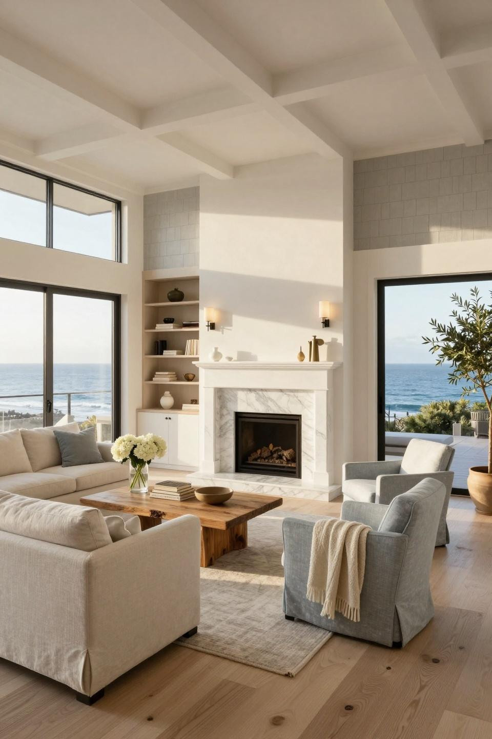 Nancy Meyers Apartment showcasing Carrara marble fireplace in Malibu beach house