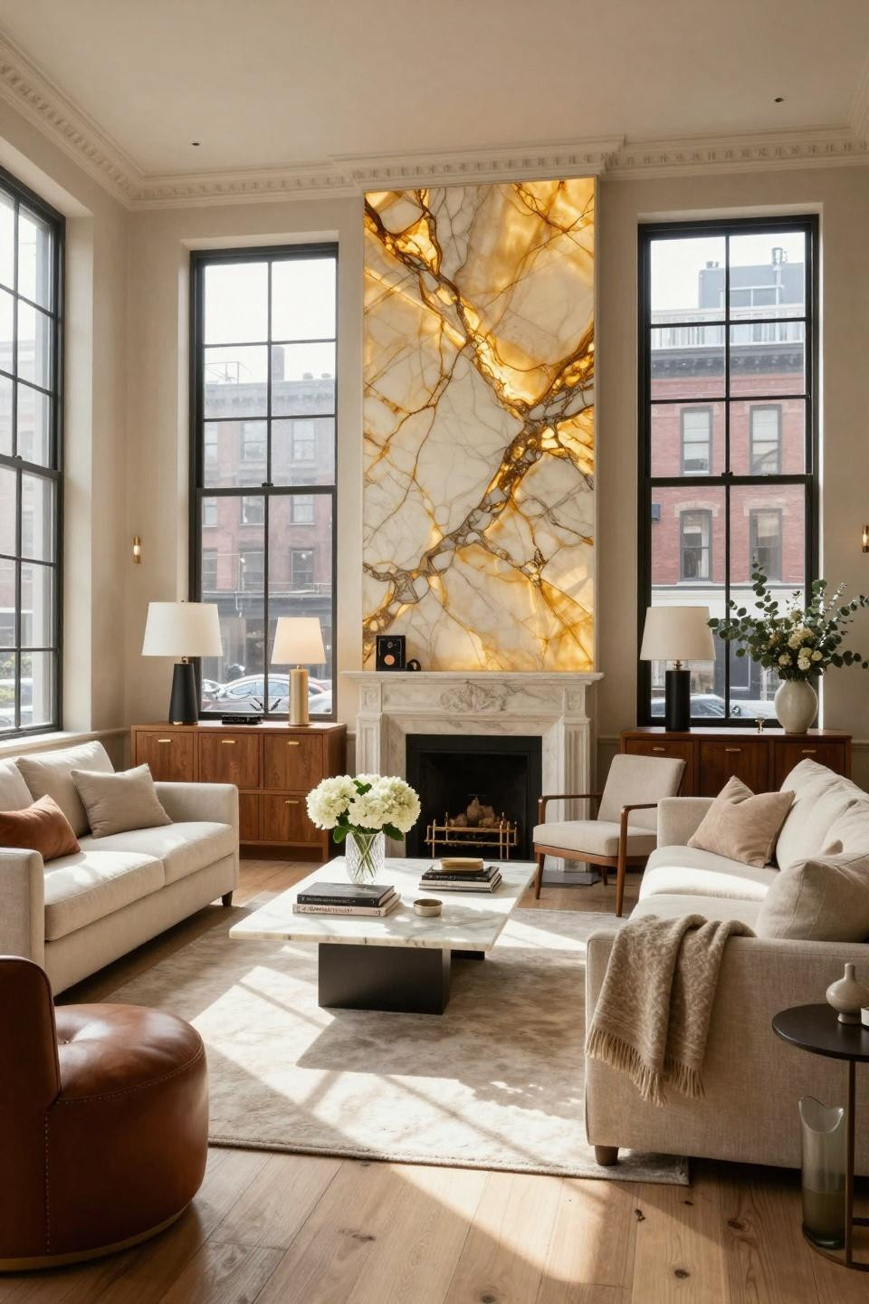 Nancy Meyers Home Aesthetic featuring backlit onyx accent wall in NYC Tribeca loft