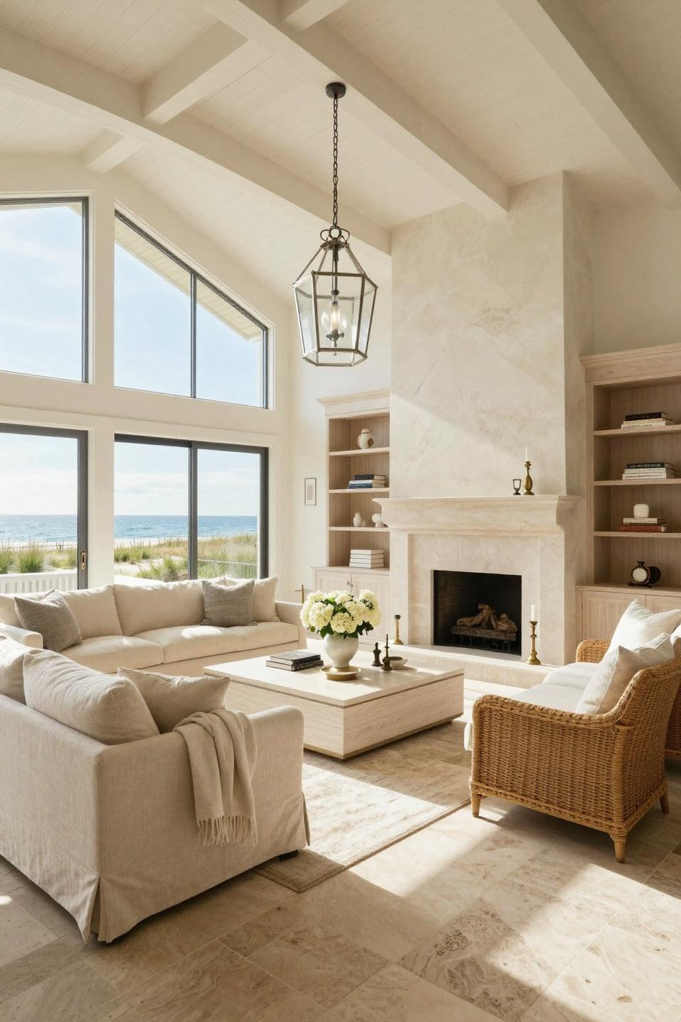 Nancy Meyers Living Room with white-painted timber beams and Belgian linen sofa