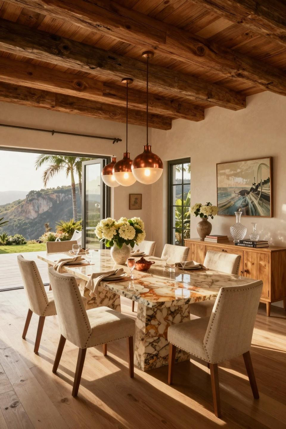 Nancy Meyers Dining Room featuring quartzite table and reclaimed Douglas fir beams