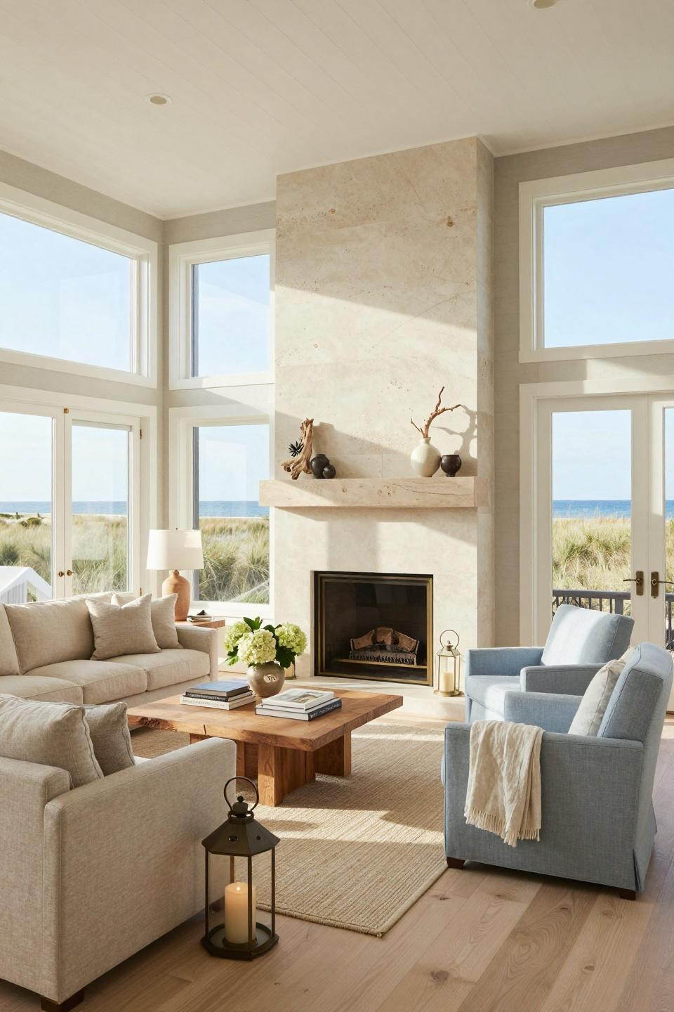 Nancy Meyers Aesthetic Living Room with limestone fireplace and Belgian linen sectional