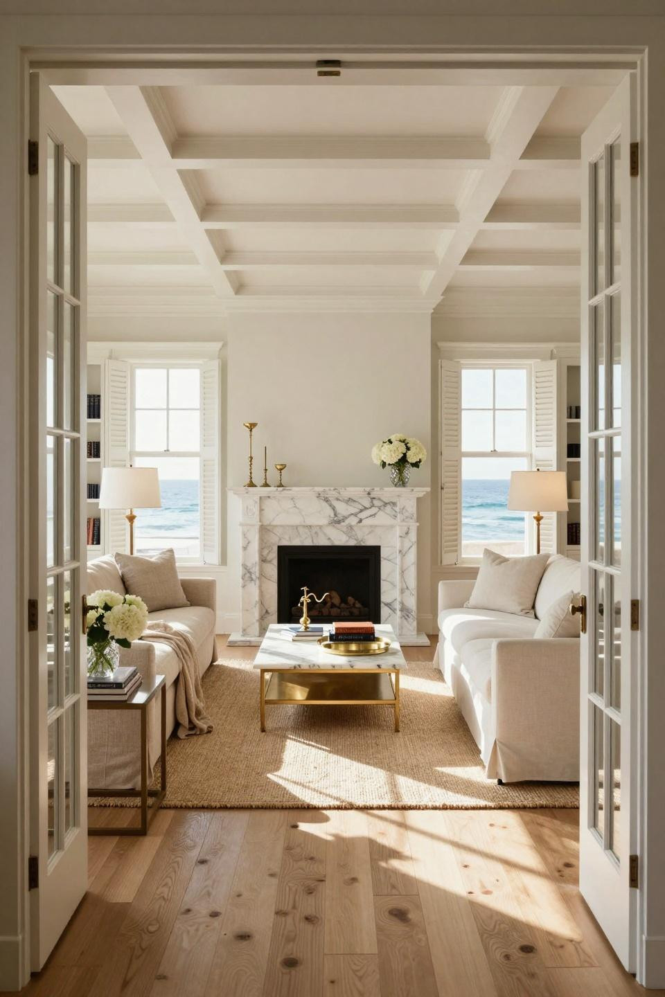 Nancy Meyers Style showcasing Calacatta marble fireplace in Hamptons beach house