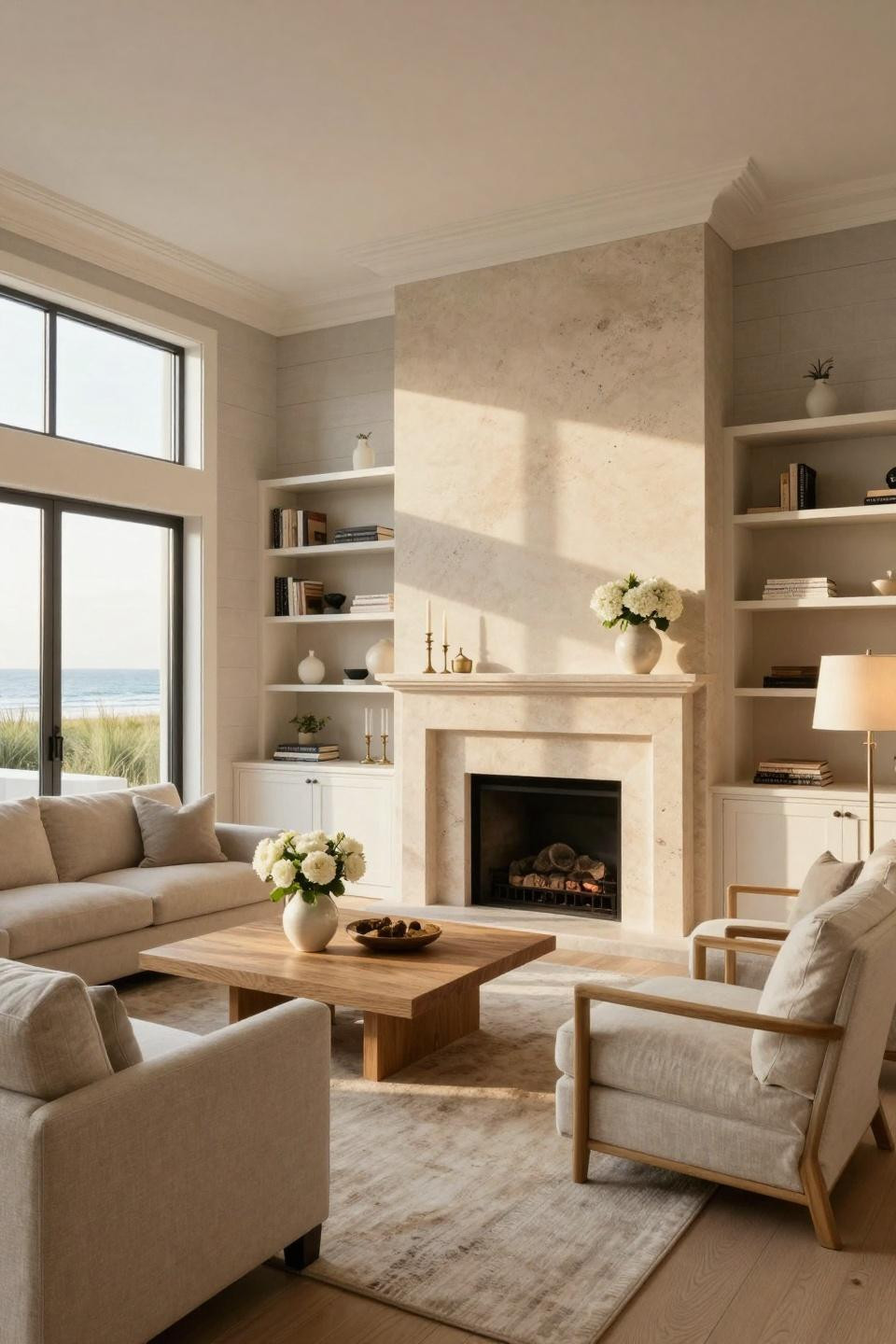 Nancy Meyers Kitchen featuring French limestone fireplace and Belgian linen sectional